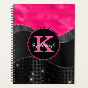 Girl Black Grey Hot Pink Waves Glam Monogram Name Planer