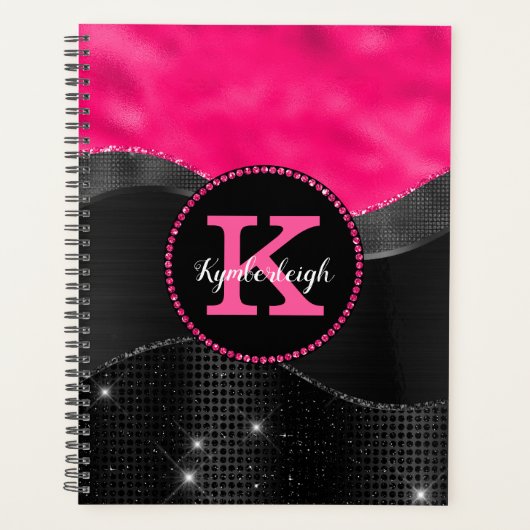 Girl Black Grey Hot Pink Waves Glam Monogram Name Planer (Vorderseite)