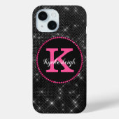 Girl Black Hot Pink Glam Diamond Monogram Name Case-Mate iPhone Hülle (Rückseite)