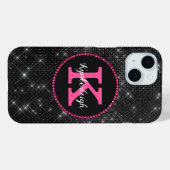 Girl Black Hot Pink Glam Diamond Monogram Name Case-Mate iPhone Hülle (Rückseite (Horizontal))