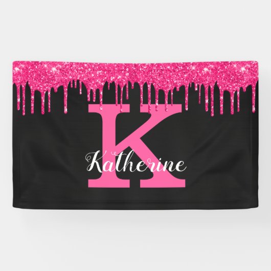 Girl Black Hot Pink Glitzer Tropfen Monogram Party Banner (Horizontal)