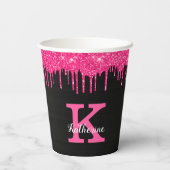 Girl Black Hot Pink Glitzer Tropfen Monogram Party Pappbecher (Rückseite)