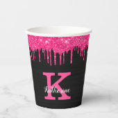 Girl Black Hot Pink Glitzer Tropfen Monogram Party Pappbecher (Vorderseite)