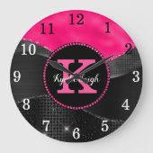Girl Black Hot Pink Gray Waves Glam Monogram Name Große Wanduhr (Vorderseite)