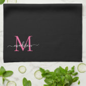 Girl Black Magenta Hot Pink Monogram Script Name Geschirrtuch (Gefaltet)