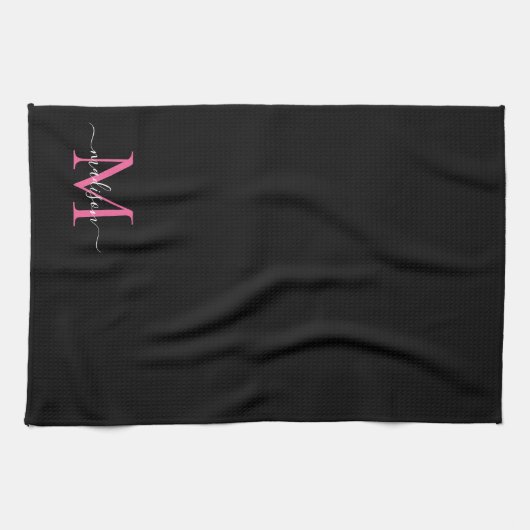 Girl Black Magenta Hot Pink Monogram Script Name Geschirrtuch (Horizontal)