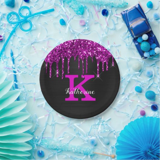 Girl Black Neon Plum Glitzer Tropfen Monogram Name Pappteller (Party)