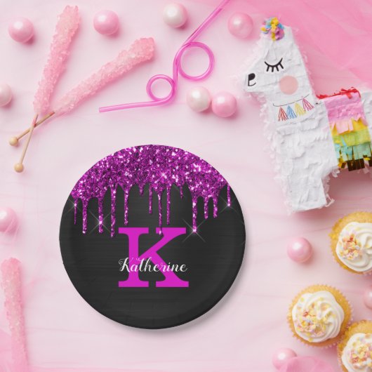 Girl Black Neon Plum Glitzer Tropfen Monogram Name Pappteller (Party)