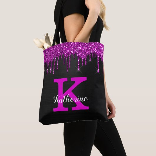 Girl Black Neon Plum Glitzer Tropfen Monogram Name Tasche (Von Nahem)