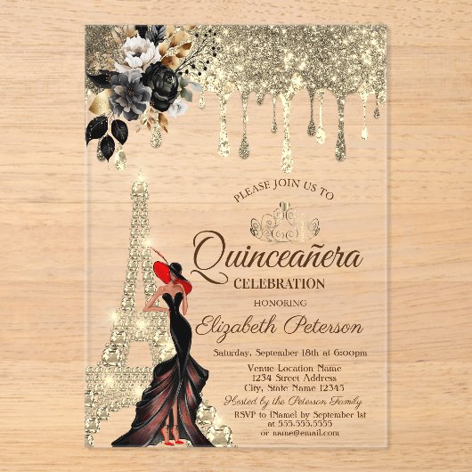 Girl Black Rose Eiffel Tower Gold Tropfen Red Acryleinladungen (Vorderseite)