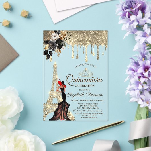 Girl Black Rose Eiffel Tower Gold Tropfen Red Acryleinladungen (In Situ (Hochzeit))