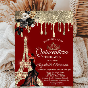 Girl Black Rose Eiffel Tower Gold Tropfen Red Einladung