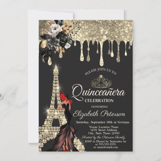 Girl Black Rose Eiffelturm Gold Tropfen Einladung (Vorderseite)