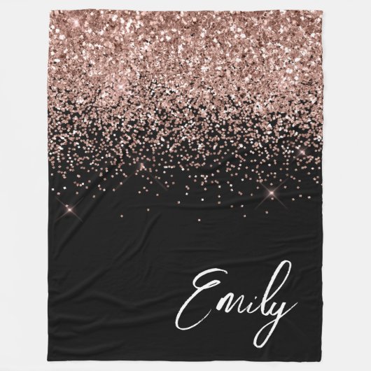 Girl Black Rose Gold Blush Pink Glitzer Monogram Fleecedecke (Vorderseite)