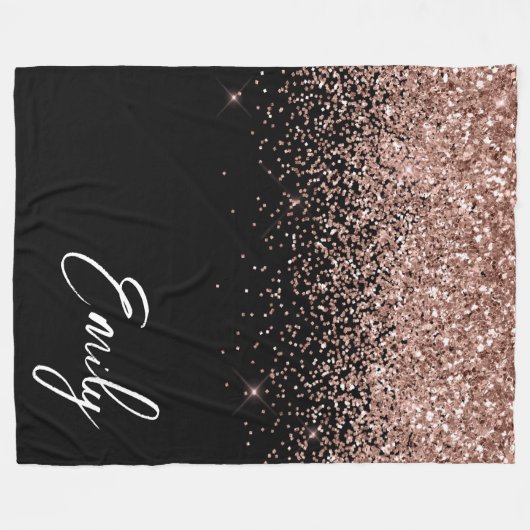 Girl Black Rose Gold Blush Pink Glitzer Monogram Fleecedecke (Vorderseite (Horizontal))