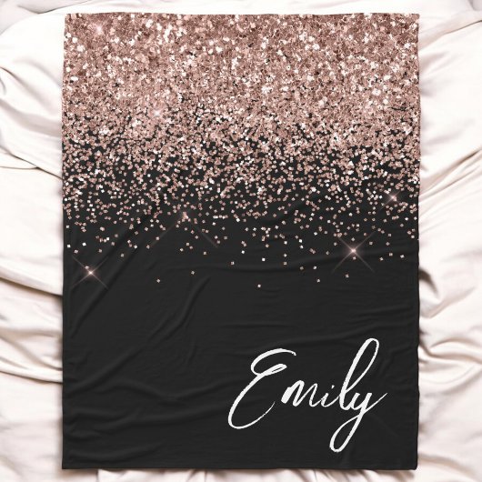 Girl Black Rose Gold Blush Pink Glitzer Monogram Fleecedecke