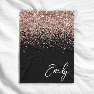 Girl Black Rose Gold Blush Pink Glitzer Monogram Fleecedecke