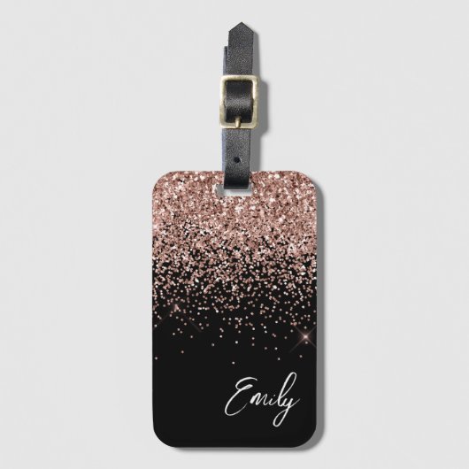 Girl Black Rose Gold Blush Pink Glitzer Monogram Gepäckanhänger (Vorderseite Vertikal)
