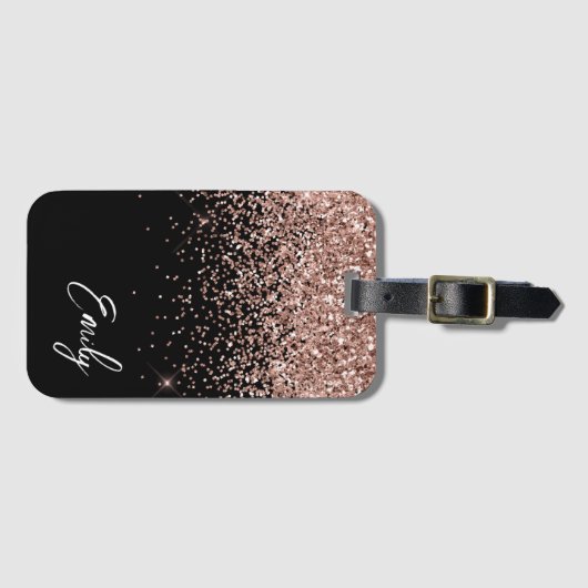 Girl Black Rose Gold Blush Pink Glitzer Monogram Gepäckanhänger (Vorderseite (Horizontal))
