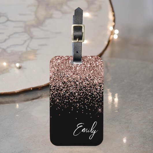Girl Black Rose Gold Blush Pink Glitzer Monogram Gepäckanhänger