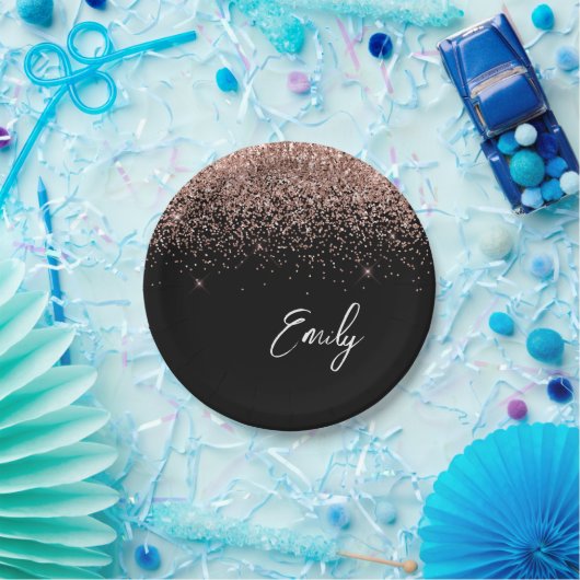 Girl Black Rose Gold Blush Pink Glitzer Monogram Pappteller (Party)