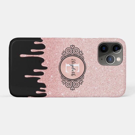 Girl Black Rose Gold Glitzer Tropfen Monogram Case-Mate iPhone Hülle (Rückseite (Horizontal))