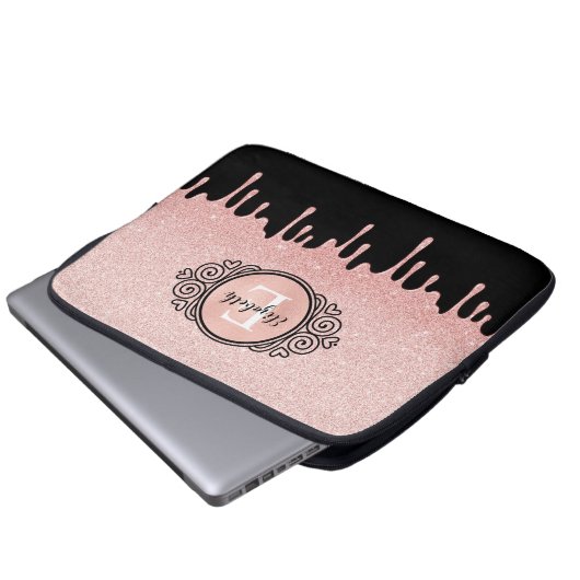 Girl Black Rose Gold Glitzer Tropfen Monogram Laptopschutzhülle (Vorne Knopf)