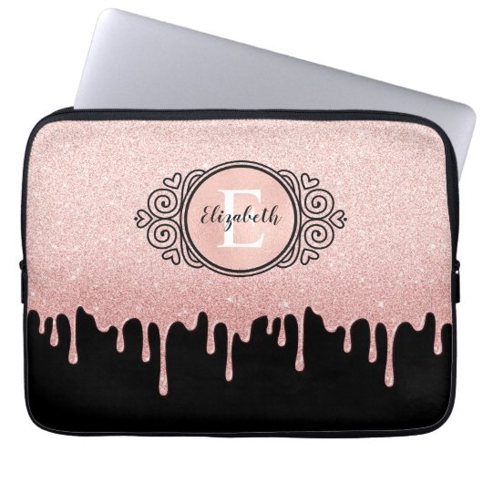 Girl Black Rose Gold Glitzer Tropfen Monogram Laptopschutzhülle (Vorderseite)