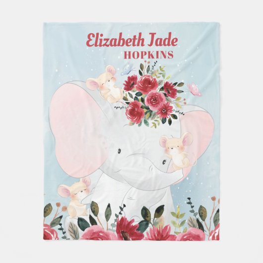 Girl Blanket mit Elephant Burgundy Maroon Blume Fleecedecke (Vorderseite)