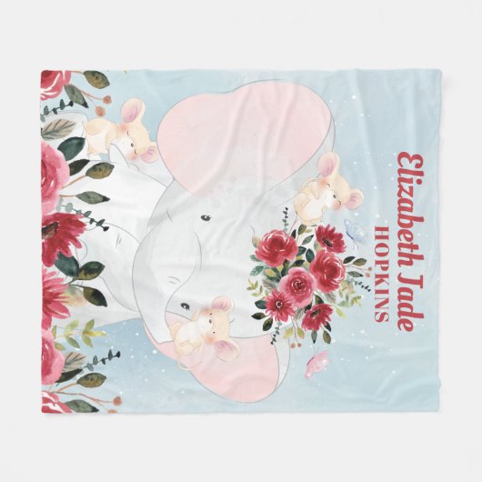 Girl Blanket mit Elephant Burgundy Maroon Blume Fleecedecke (Vorderseite (Horizontal))