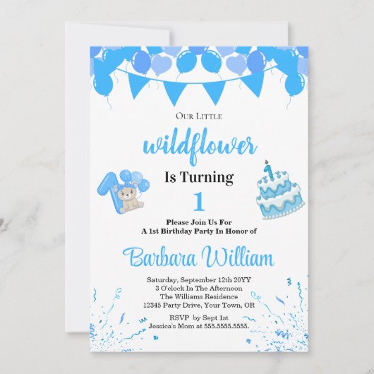 Girl Blue Bear 1st Birthday Invitation Card Einladung (Vorderseite)