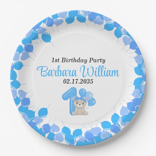 Girl Blue Bear 1st Birthday Paper Plates Pappteller (Vorderseite)