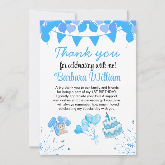 Girl Blue Bear 1st Birthday Thank You Card (Vorderseite)