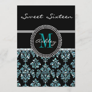 Girl Blue Glitzer Black Damask Personalisiertes Pa Einladung