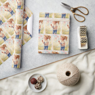 Girl blühende Herzblasen in Wasserfarbe Geschenkpapier