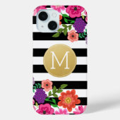 Girl-Blume, Streifen, Goldmonogramm Schwarz-weiß Case-Mate iPhone Hülle (Rückseite)