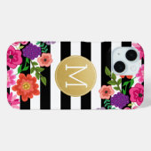 Girl-Blume, Streifen, Goldmonogramm Schwarz-weiß Case-Mate iPhone Hülle (Rückseite (Horizontal))