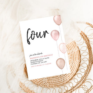 Girl Blush Pink Balloons Simple 4. Geburtstag Einladung