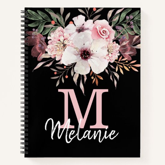 Girl Blush Pink Black Monogram Floral Notebook Notizblock (Vorderseite)