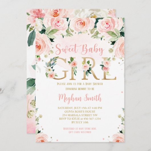Girl Blush Pink Blumendusche Einladung (Vorne/Hinten)