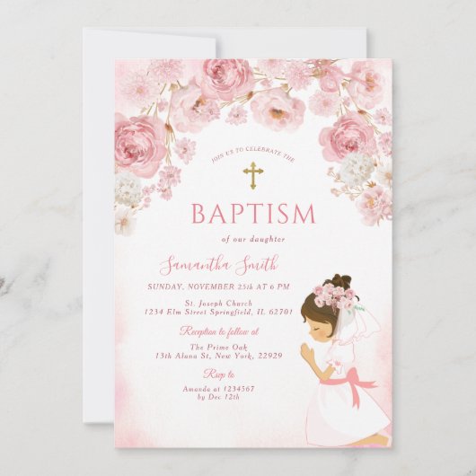 Girl Blush Pink Bow Floral Cross Girl Baptism Einladung (Vorderseite)