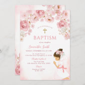 Girl Blush Pink Bow Floral Cross Girl Baptism Einladung (Vorne/Hinten)