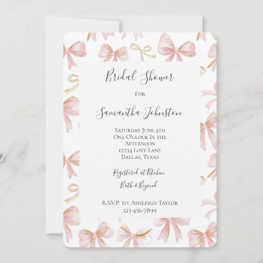 Girl Blush Pink Bows Brautparty Einladung (Vorderseite)