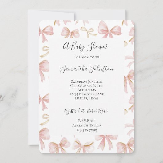 Girl Blush Pink Bows Chic Baby Dusche Einladung (Vorderseite)