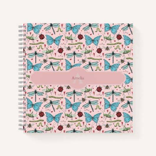 Girl Blush Pink farbenfrohe Insektenmuster-Monogra Notizblock (Vorderseite)