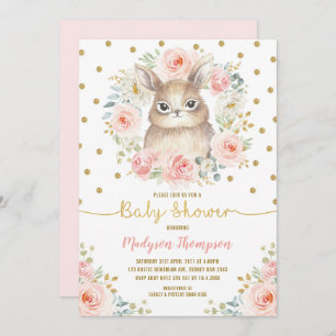 Girl Blush Pink Floral Bunny Rabbit Babydusche Einladung