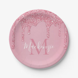 Girl Blush Pink Glitzer Tropfen Monogram Birthday Pappteller