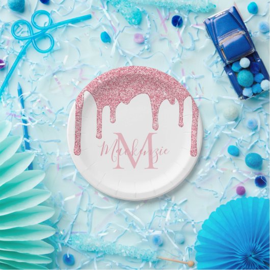 Girl Blush Pink Glitzer Tropfen Monogram Birthday Pappteller (Party)