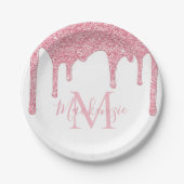 Girl Blush Pink Glitzer Tropfen Monogram Birthday Pappteller (Vorderseite)