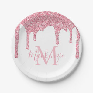 Girl Blush Pink Glitzer Tropfen Monogram Birthday Pappteller